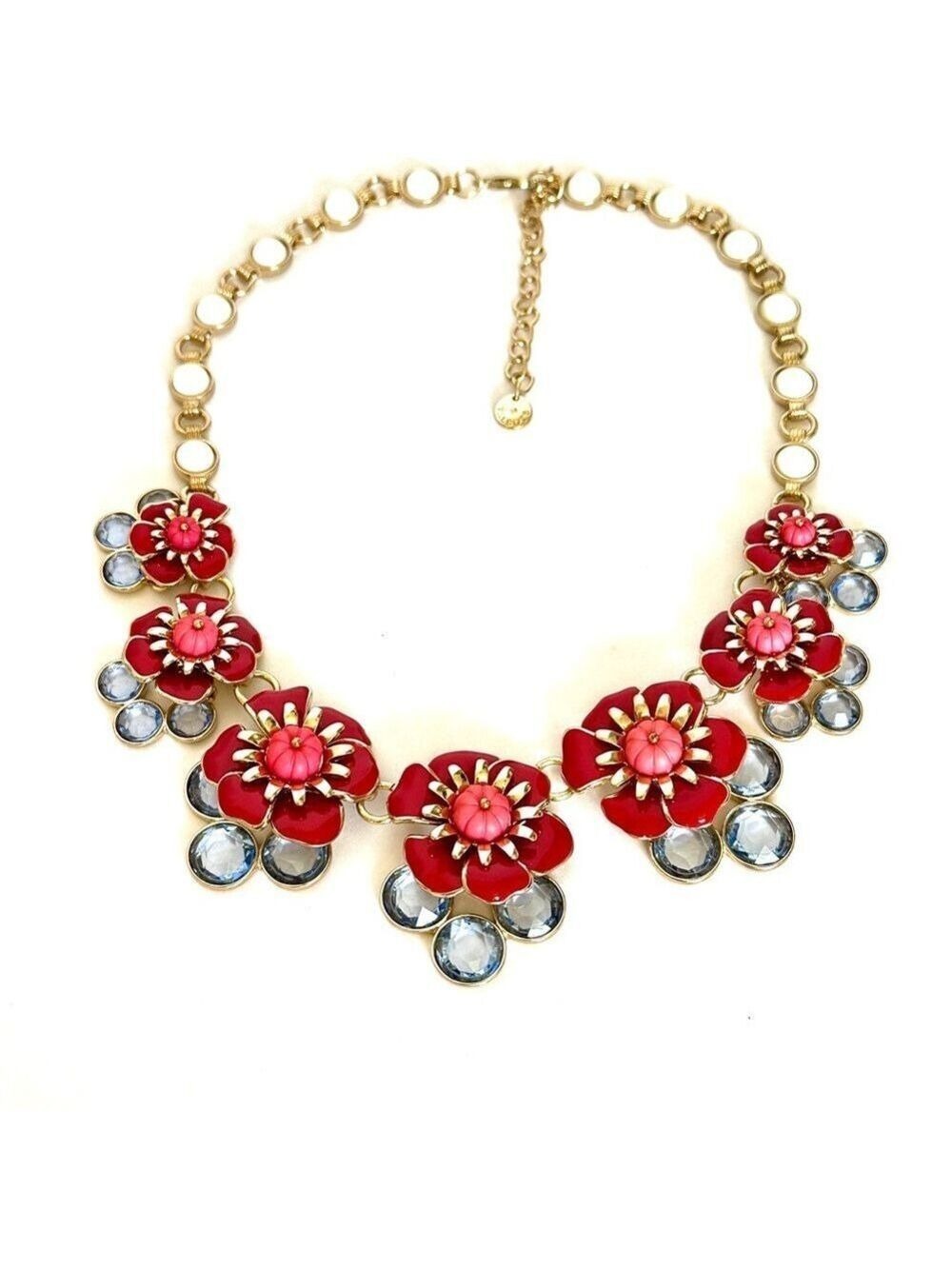 TALBOTS | Bold Red & Blue Flower Blossoms & Crystal Statement Necklace | NWOT